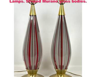 Lot 128 Pair MidCentury Modern table Lamps. Striped Murano glass bodies. 
