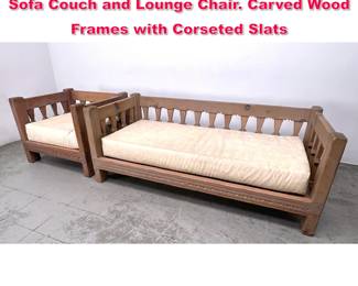 Lot 398 2pcs French Style Brutalist wood Sofa Couch and Lounge Chair. Carved Wood Frames with Corseted Slats