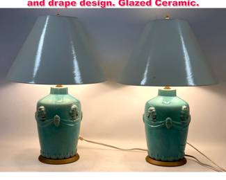 Lot 198 Pair Mid Century Table Lamps. Bust and drape design. Glazed Ceramic.