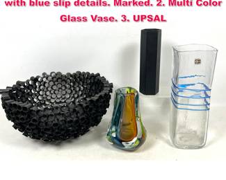 Lot 489 4pc Shelf Lot. BLENKO Glass Vase with blue slip details. Marked. 2. Multi Color Glass Vase. 3. UPSAL