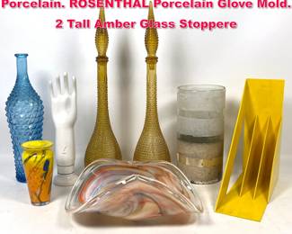 Lot 493 Assorted Shelf Lot. Glass and Porcelain. ROSENTHAL Porcelain Glove Mold. 2 Tall Amber Glass Stoppere