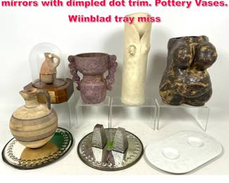 Lot 487 Assorted Shelf Lot. 2 Round Vintage mirrors with dimpled dot trim. Pottery Vases. Wiinblad tray miss