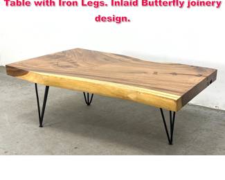 Lot 81 3 inch Thick Top Natural Plank Coffee Table with Iron Legs. Inlaid Butterfly joinery design. 