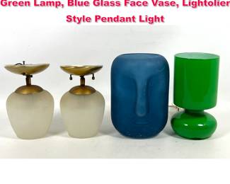Lot 471 4pc Modernist Lot. Ikea Lykta Kelly Green Lamp, Blue Glass Face Vase, Lightolier Style Pendant Light