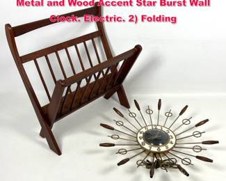 Lot 479 2pc Mid Century Modern. 1 UNITED Metal and Wood Accent Star Burst Wall Clock. Electric. 2 Folding 
