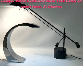 Lot 230 2pc Modernist Lighting. Iconic Table Lamps. Black Cantilever Desk Task Lamp on round base. 2 Chrome