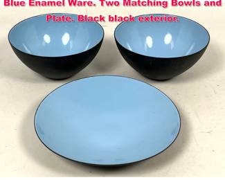 Lot 469 3pc KRENIT Denmark Robin s Egg Blue Enamel Ware. Two Matching Bowls and Plate. Black black exterior.