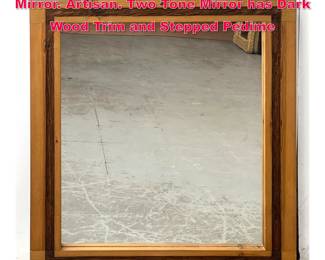 Lot 170 Pine Southwestern Framed Wall Mirror. Artisan. Two Tone Mirror has Dark Wood Trim and Stepped Pedime