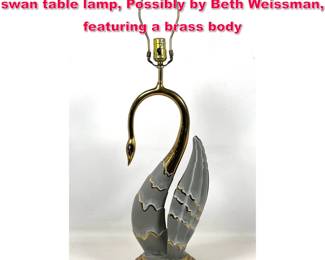 Lot 135 Vintage Hollywood Regency figural swan table lamp, Possibly by Beth Weissman, featuring a brass body