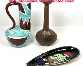 Lot 37 3pcs Italian Pottery. Capri painted dish, Stoneware vase, Painted ewer. 