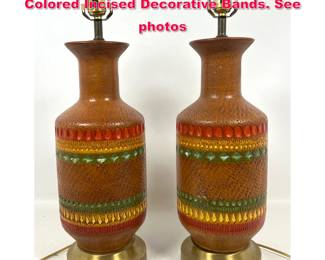 Lot 306 Pr MCM Glazed Plaster Lamps. Colored Incised Decorative Bands. See photos
