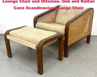 Lot 241 Mid Century Modern Bent wood Lounge Chair and Ottoman. Oak and Rattan Cane Scandinavian Lounge Chair