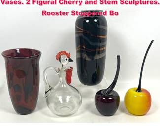 Lot 463 Collection 5pc Studio Art Glass. 2 Vases. 2 Figural Cherry and Stem Sculptures. Rooster Stoppered Bo