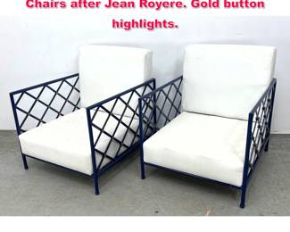 Lot 200 Heavy Iron Eiffel Tower Lounge Chairs after Jean Royere. Gold button highlights. 