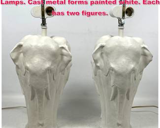 Lot 421 Pr Elephant form Figural Table Lamps. Cast metal forms painted white. Each has two figures. 