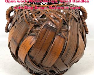 Lot 64 Japanese Woven Bamboo Basket. Open work Woven Design. Small Handles with Ring Drops. Bottom is open 