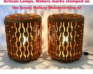 Lot 118 Pair Vintage Mid Century Wood Artisan Lamps, Makers marks stamped on the bases Halsey Woodworking of