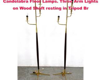 Lot 117 Pr Modernist Brass, Wood Candelabra Floor Lamps. Three Arm Lights on Wood Shaft resting in Tripod Br
