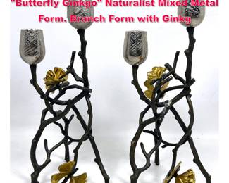Lot 42 Pr MICHAEL ARAM Candlesticks. Butterfly Ginkgo Naturalist Mixed Metal Form. Branch Form with Ginkg