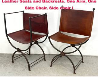 Lot 443 2pc Iron Frame Savonarola Chairs. Leather Seats and Backrests. One Arm, One Side Chair. Side chair i