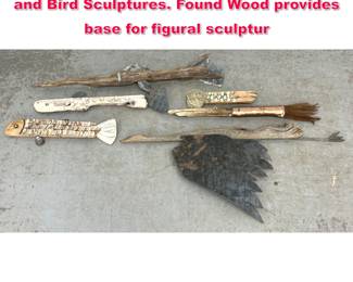 Lot 352 6pc Mixed Media Found Object Fish and Bird Sculptures. Found Wood provides base for figural sculptur