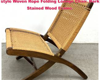 Lot 123 Vintage Yugoslavian Hans Wegner style Woven Rope Folding Lounge Chair. Dark Stained Wood Frame. 