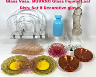 Lot 492 Assorted Shelf Lot. PV FRANCE Blue Glass Vase. MURANO Glass Figural Leaf Dish. Set 8 Decorative glas