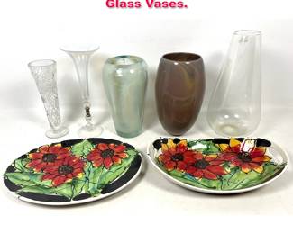 Lot 496 Assorted Shelf Lot. Flower Plates. Glass Vases.