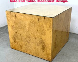Lot 83 Milo Baughman style Burl Wood Cube Side End Table. Modernist Design. 