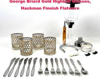 Lot 482 Mid Century Modern Tablewares. George Briard Gold Highball Glasses, Hackman Finnish Flatware