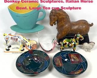 Lot 491 Assorted Shelf Lot. Horse and Donkey Ceramic Sculptures. Italian Horse Bowl. Large Tea cup Sculpture