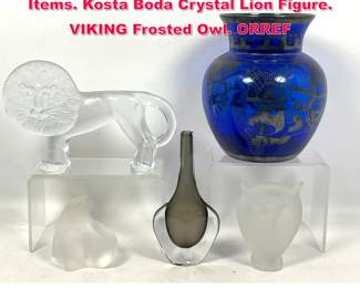 Lot 456 5pc Collection of Mid Century Glass Items. Kosta Boda Crystal Lion Figure. VIKING Frosted Owl. ORREF