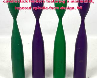 Lot 43 Set 4 MidCentury Modern candlestick holders featuring a minimalist, tapered spindleform design. Wi