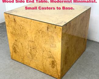 Lot 85 MILO BAUGHMAN Cube Form Burl Wood Side End Table. Modernist Minimalist. Small Casters to Base. 