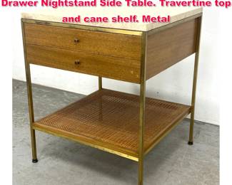 Lot 102 Mid Century Paul McCobb Calvin 2 Drawer Nightstand Side Table. Travertine top and cane shelf. Metal 