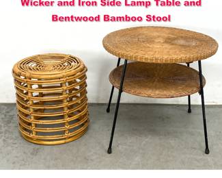 Lot 441 2pcs Vintage Pacifica Ironworks Wicker and Iron Side Lamp Table and Bentwood Bamboo Stool