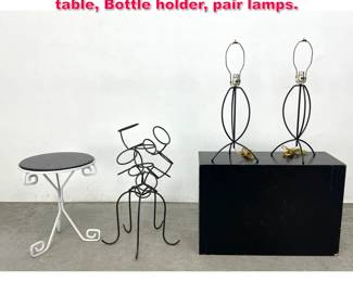 Lot 223 4pcs Wright Iron. Royere style side table, Bottle holder, pair lamps. 