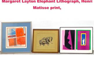 Lot 417 3pcs Mid Century Modern Art. Margaret Layton Elephant Lithograph, Henri Matisse print, 
