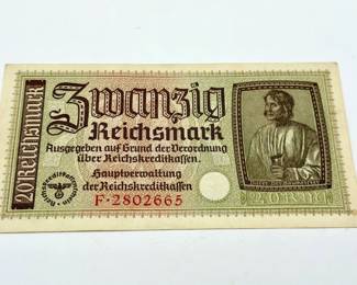 WWII German 20 Reichsmark Reichskreditkassen Bank Note