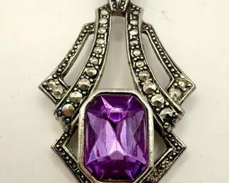 Vintage Avon Silver Tone & Amethyst Art deco Inspired Pendant