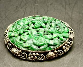 Vintage Sterling Silver & Jade Brooch