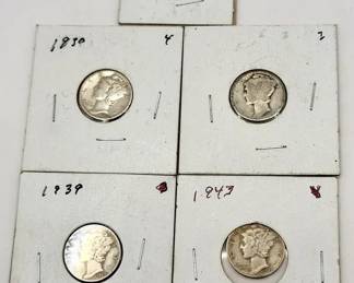 (5) Mercury Dimes 90% Silver Coins 1917–1943