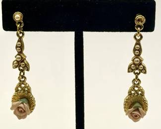 Gold Tone Rose Drop Earrings