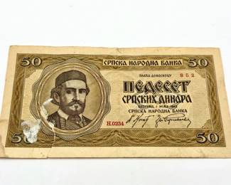 Vintage 1942 Serbian National Bank 50 Dinara Bank Note