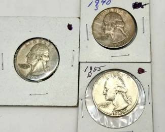 (3) Pre-1965 Washington Quarters 90% Silver Coins 1940, 1950, 1955