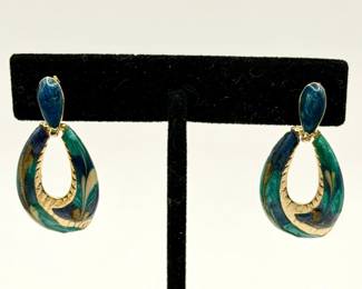 Vintage 80s Knocker Blue Green Swirl Enamel Earrings Gold Tone Costume Fashion