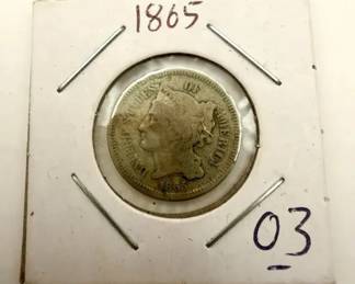 (1) 1865 Three Cent Nickel “III” U.S. Coin First Year Issue