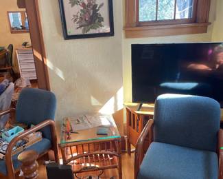 Blue upholstered chairs with wood, end table