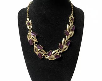 Gold-tone Leaf and Purple Stone Necklace 