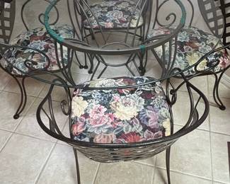 Wrought Iron and Glass Top Bistro Set with Floral Cushions